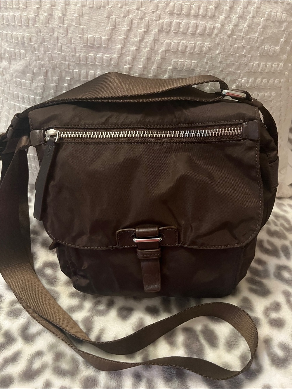 Tumi Brown Nylon Crossbody Bag with Silver Hardware